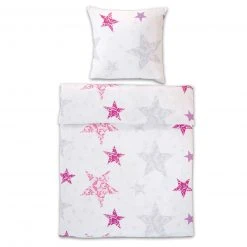 Microfaser-Bettwäsche Weiß-Rosa mit Sternen - 135x200 cm - Weich & Atmungsaktiv