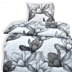 Renforcé-Bettwäsche Weiß-Grau mit Blumenmuster - 135x200 cm - Hochwertige Baumwolle