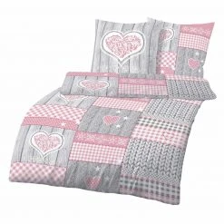 Biber-Bettwäsche - rosa-grau - 135x200 cm