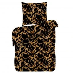 Schwarz-Gold Microfaser-Bettwäsche mit Goldkette - 135x200 cm - Luxuriöser Schlafkomfort
