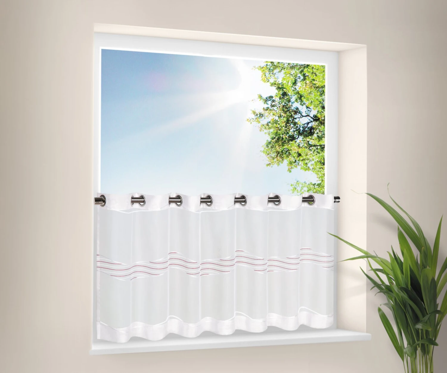 Scheibengardine in Weiß-Bordeaux - 136x48 cm - Moderner Fensterschmuck 3 Scheibengardine in Weiß-Bordeaux - 136x48 cm - Moderner Fensterschmuck