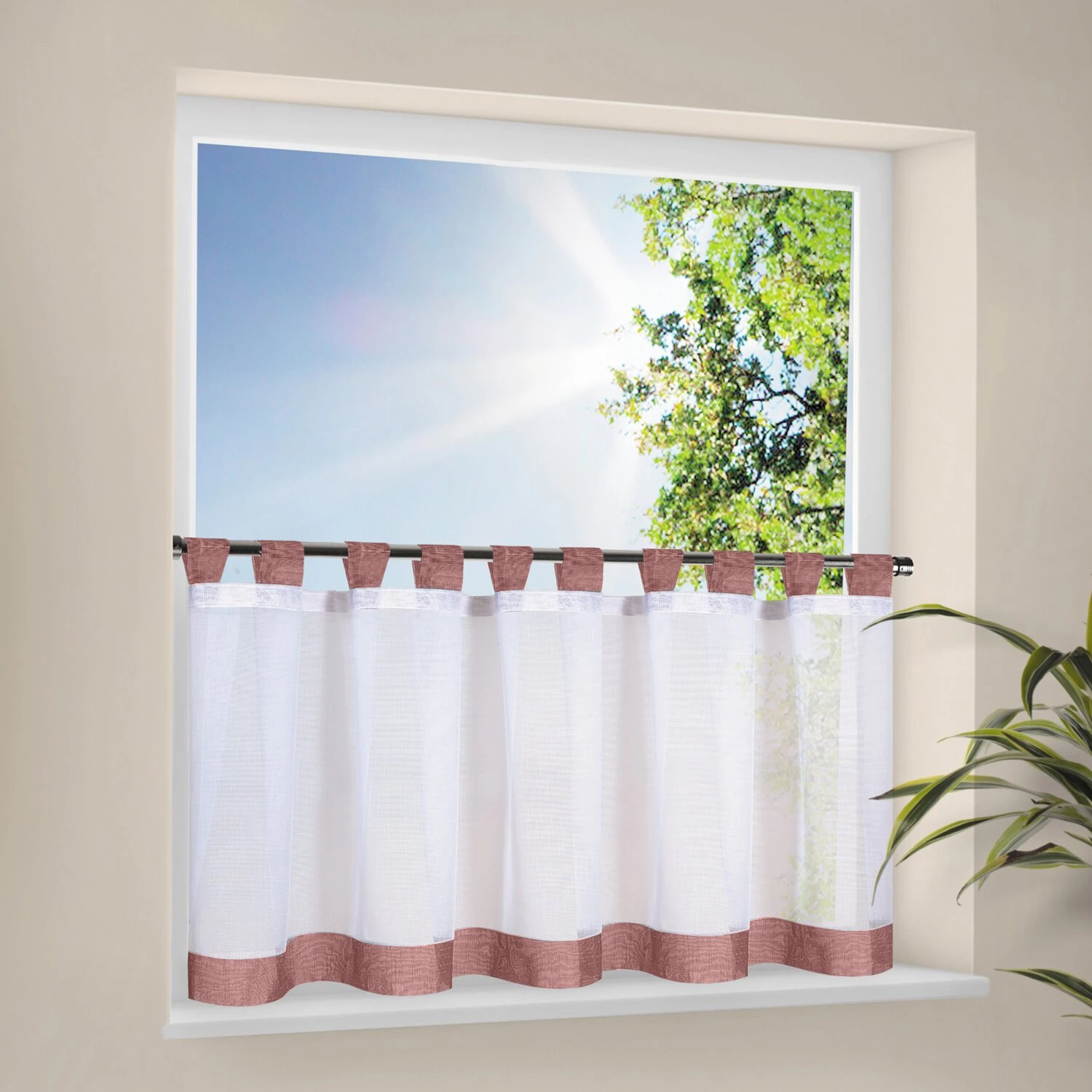 Schlaufen-Bistrogardine weiß-bordeaux 150x50 cm - Elegante Scheibengardine für Ihr Zuhause 3 Schlaufen-Bistrogardine weiß-bordeaux 150x50 cm - Elegante Scheibengardine für Ihr Zuhause