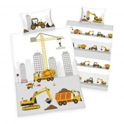 Renforcé-Bettwäsche JANA BAUSTELLE - Grau-Gelb - 100x135 cm - Kinderbettwäsche