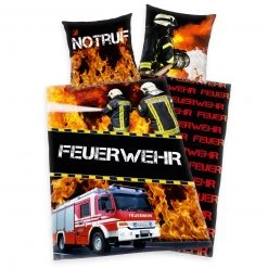 Renforcé-Bettwäsche FEUERWEHR - Schwarz - 135x200 cm | Kinderbettwäsche | Atmungsaktiv & Langlebig