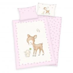 Renforcé Bettwäsche JANA REH - Rosa-Weiß - 100x135 cm | Kinderbettwäsche | Hochwertige Baumwolle