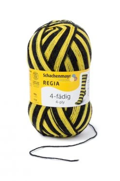 REGIA Strumpfwolle schwarz-gelb-color | 4-fädig | 100g | Hochwertige Strickwolle