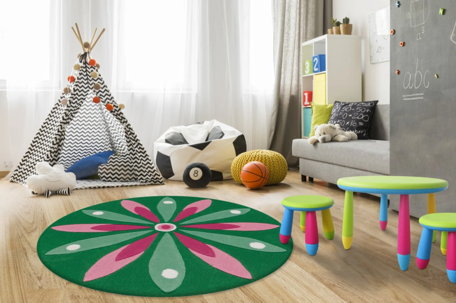 Teppich JOY 4184 - Dunkelgrün-Rosa - Ø 100 cm | Kinder- & Spielteppich 6 Teppich JOY 4184 - Dunkelgrün-Rosa - Ø 100 cm | Kinder- & Spielteppich – Bild 4