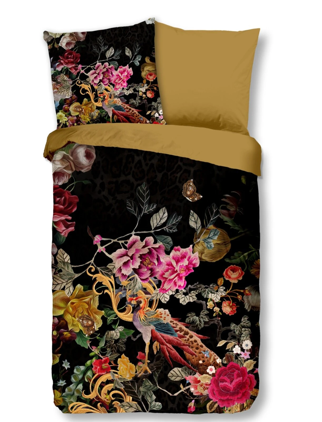 Senf-schwarze florale Microfaser-Bettwäsche, 135x200 cm - Weich und pflegeleicht 3 Senf-schwarze florale Microfaser-Bettwäsche, 135x200 cm - Weich und pflegeleicht