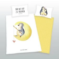 Renforcé-Bettwäsche MR. & MRS. PANDA PINGUIN - Weiß-Gelb - 135x200 cm - Hochwertige Baumwolle