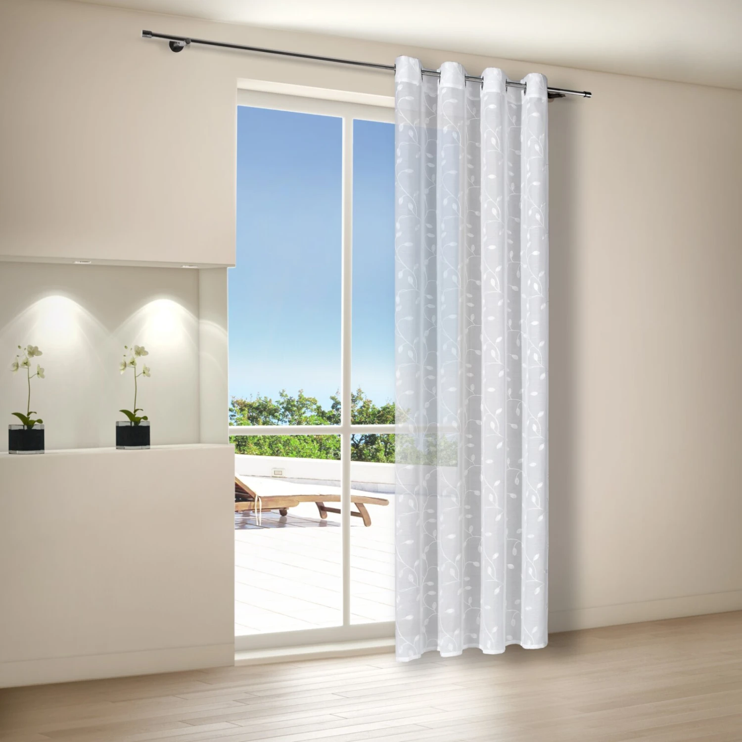 Ösenschal - Weiß - Blattmuster - 140x245 cm - Transparente Gardine 4 Ösenschal - Weiß - Blattmuster - 140x245 cm - Transparente Gardine – Bild 2