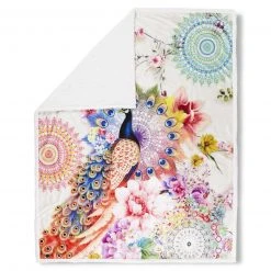 Wohndecke weiß-bunt mit Pfau-Muster - 130x160 cm - Gemütliche Fleecedecke für Zuhause